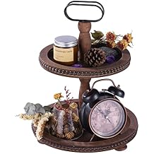 Urban Deco Wooden Decorative Tray Two Tiered Tray Decorations Round Serving Tray with Metal Handle, Wooden Cupcake Stand for Party Tiered Dessert Stand - Dark Brown Farmhouse Wood Tray