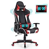GYMAX Gaming Chair, Massage Gaming Chairs for Adults with Headrest, Lumbar Support & Armrest, Video Computer Reclining Gaming Chair, Office Desk Gamer Task Chair (Red)