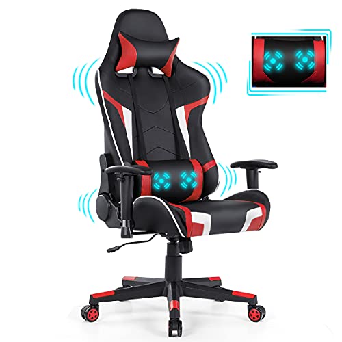 GYMAX Gaming Chair, Massage Gaming Chairs for Adults with Headrest, Lumbar Support & Armrest, Ergonomic Computer Gaming Chair, Office PC Gamer Chair (Red)