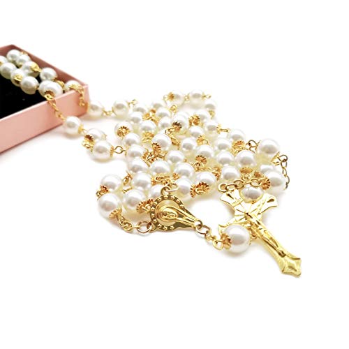 Rosary Beads Catholic for Women Girls, First Holy Communion Rosary Gifts for Girls Catholic, Gold White Rosary Necklace for Women Imitation Pearl Beads Necklace Rosarios Catolicos4