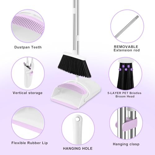 Image of Broom with Dustpan Combo Set for Home, 52-in Long Adjustable Handle Angle Broom and Dustpan Set with Dustpan Comb Teeth for Sweeping Pet Hair Food Dirt Kitchen (White-Purple)