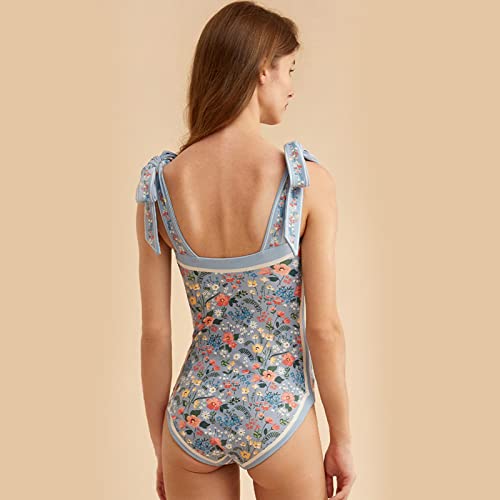 Women Double-Sided Floral One Piece Swimsuits, Reversible Tie Shoulder Monokini, Tummy Control Bathing Suits, Square Neck Blue #TOP3