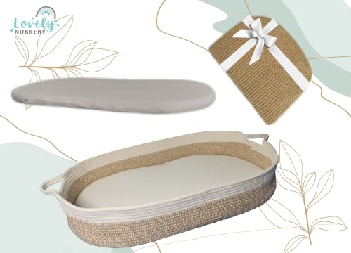 Image of Lovely Nursery Baby Changing Basket Moses Basket 100% Cotton Rope and 1.2€ Thick Foam Pad with Removable Cover Change in Style and Comfort Beige/White Set