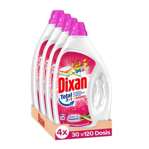 Dixan Gel Adiós al Separar Total 3+1, Detergente Líquido para Lavadora (30 lavados, pack de 4, total: 120 lavados), jabón líquido para la ropa de color, Limpieza, luminosidad y frescor