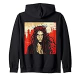 mostrando a una mujer con una mirada dominante, cabello despeinado y una corona distintiva con pinchos, encarnando fuerza y desafío.