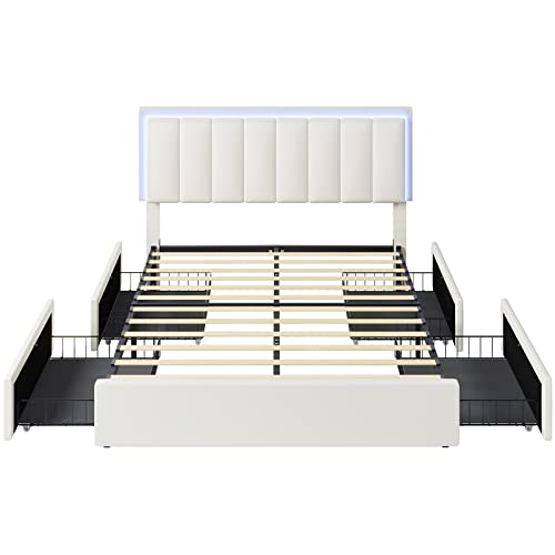 Hasuit Queen Size Bed Frame With Headboard, 4 Storage Drawers, Led Light Usb And Type-C Ports Upholstered Queen Platform Bed Mattress Foundation With Wooden Slats Support, No Box Spring Needed #TOP7
