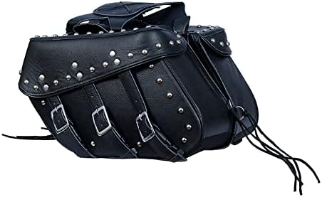 Genuine Leather Motorcycle Saddlebags Set Black Detachable & Quick Release Straps Chrome Studded Design