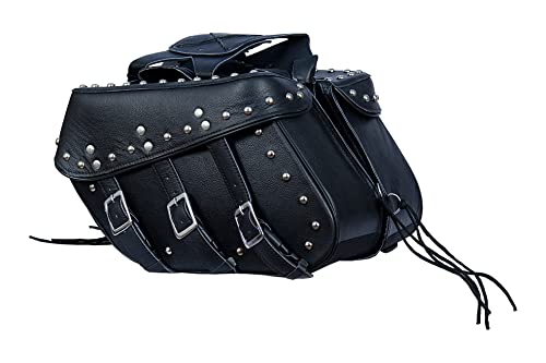 Genuine Leather Motorcycle Saddlebags Set Black Detachable & Quick Release Straps Chrome Studded Design #TOP1