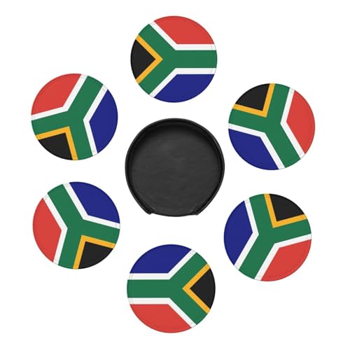 Anceky - Lot de 6 Dessous de Verre Ronds en Cuir avec Drapeau sud-Africain, résistants aux Taches de Chaleur et Support de Rangement, Parfaits pour la Salle à Manger, la Cuisine ou Le Bureau.