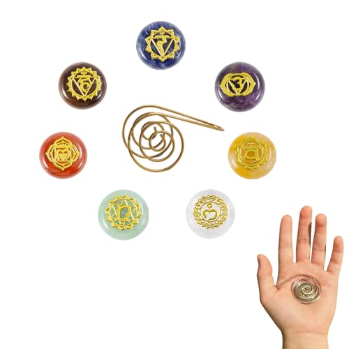 Reiki Supplies Chakra Crystals Healing Stone Set: 9 Pcs Chakra Stones + 2 Copper Palm Rings | Crystal & Copper Cuffs for Manifestation & Meditation
