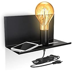 B.K.Licht I Lámpara de pared ajustable con estante I Interruptor de cable I Negro mate I 1 llama I E27 I Lámpara de pared retro