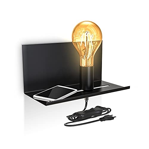 B.K.Licht, Lampada da parete con mensola, Interruttore sul cavo di alimentazione, attacco per lampadina E27 non inclusa, Applique retrò per camera, Lampada da muro con 1 punto luce, Nero opaco