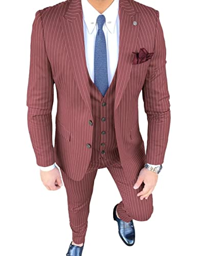 SUZHIMO Men's Pinstripe Suit 3 Piece Slim Fit Suit Tuxedo Jacket Vest Pants Suit for Business Wedding Prom