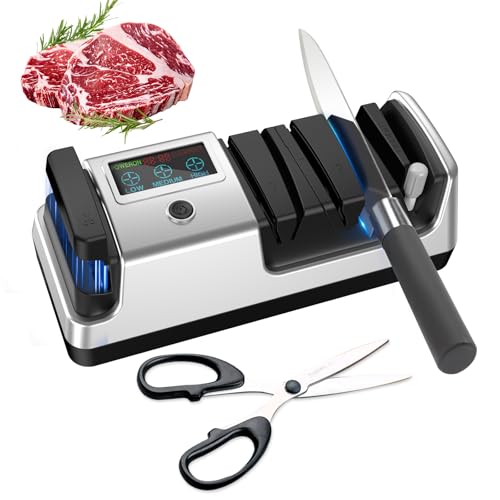 Upgrade 5-in-1 Electric Knife Sharpener, Professional 3-Stage with LCD Screen, 100% Diamond Abrasives, 3 Rotational Speed Adjustable, knife sharpener for Straight, Serrated, Meat Cleaver, Scissors