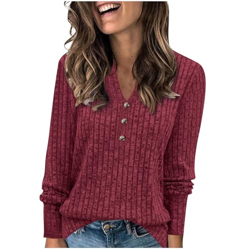 Women Casual Ribbed Knit Shirts 2025 Fall Long Sleeve Button V-Neck Pullover T-Shirt Lightweight Sweater Blouses