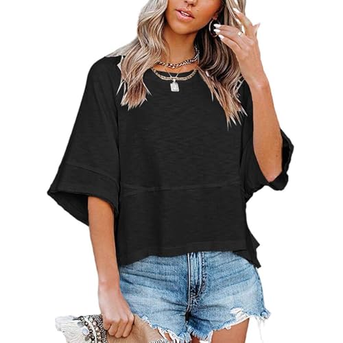 Women's Casual Crewneck Batwing Half Sleeve Tee - Non-Slit Patched Solid Color Bell Sleeve T-Shirt Loose Blous (Black,Large)