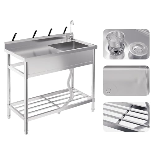 39 Inch Stainless Steel Utility Sink, Commercial Free Standing Sink with Faucet & Hot/Cold Water Plumbing, Single Bowl Sinks for Laundry, Kitchen, Garage, Outdoor Garden