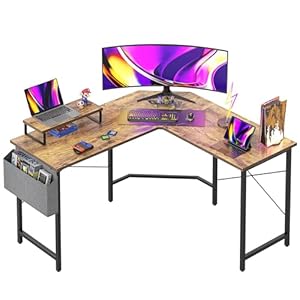 CubiCubi L Shaped Gaming Desk, 47.2 inch Computer Corner Desk with Monitor Shelf for Home Office Study Writing Workstation, Rustic Brown