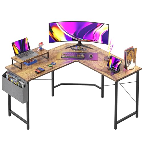 CubiCubi L Shaped Gaming Desk, 47.2 inch Computer Corner Desk with Monitor Shelf for Home Office Study Writing Workstation, Rustic Brown