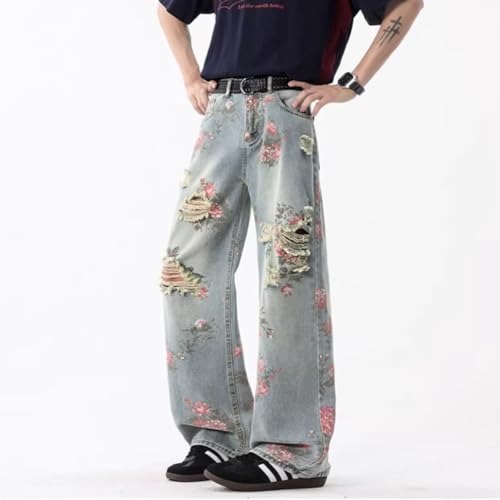 Vintage Cute High Waisted Straight Leg Jeans Casual Y2K Flower Printed Fringe Ripped Streetwear Denim Pants3