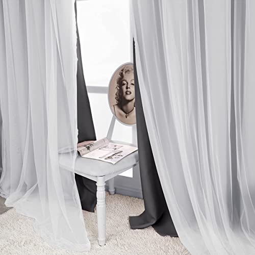 Image of Dark Grey Blackout Curtains for Bedroom, Nursery - 84 inch Length Double Layers and Sheer with Lace Hem Luxury Window Curtain & Drapes Panels for Living Room with Extra Tie-Backs, 2 PCs