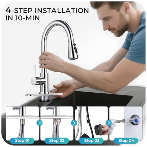 Image of Kitchen Faucet with Pull Down Sprayer - Polished Chrome Single Handle Kitchen Faucets, High Arc Stainless Steel Pull Out Kitchen Sink Faucet with Deck for RV Laundry Farmhouse Bar