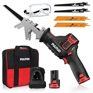 PULITUO Cordless Reciprocating Saw, Speed 3000SPM，with Clamping Jaw, 2000 mAh Battery/ 1-Hour Fast Charge,Safety Gloves& Goggles, 4Pcs of Saw Blades for Wood/Metal/PVC