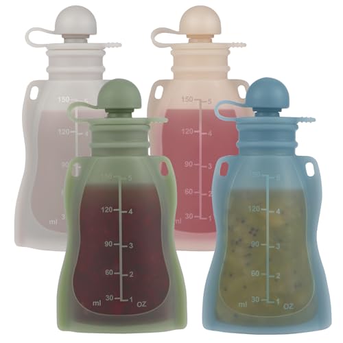 Image of Eascrozn Silicone Baby Food Pouches Reusable, 4 Pack Refillable Squeeze Pouches with Straw for Toddlers Kids, BPA Free, 5OZ Baby Food Containers,Dishwasher and Microwave Safe
