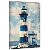 ARTZGX Lighthouse Wall Art Navy Blue Canvas Ocean Seascape Picture Print Vintage Coastal Painting for Living Room Decor Frame(Lighthouse 12.00' x 18.00')