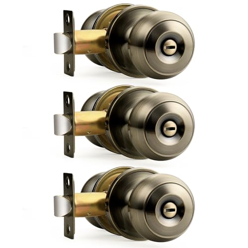 Probrico Bed/Bath Keyless Privacy Interior Door Knobs, Antique Brass Door Knobs 3 Pack