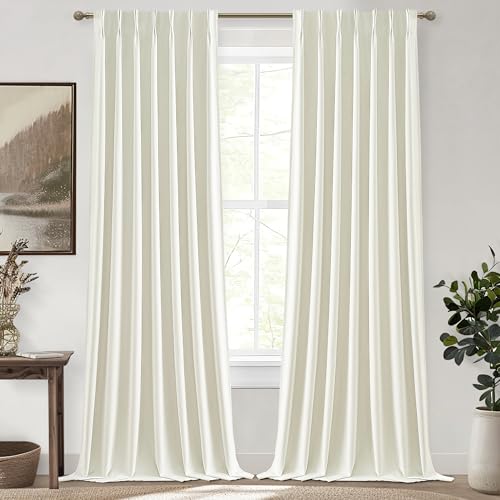 Image of Light Cream Linen Curtains 90 Inches Long Decorative Total Blackout Window Curtains Cute for Nursery /Sliding Glass Doors Pinch Pleated with Hooks Linen Blend Insulated Thermal Drapes 2 Panels