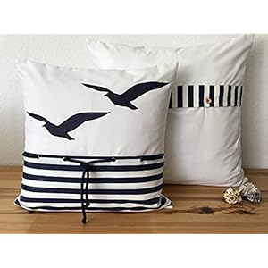 1 Maritime Kissenhülle, Kissenbezug,Landhausstil Kissen *Möwen blau* Kissen weiß/weiß/blau gestreift