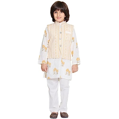 Image of AJ DEZINES Kids Ethnic Wear Cotton Printed Kurta Pajama Set For Boys With Nehru Waist Coat Jacket
