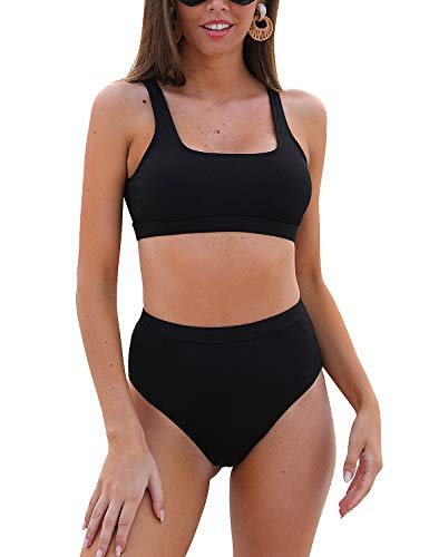 Blooming Jelly Womens High Cut Bikini Set Scoop Neck Sporty Tank Crop Top Cheeky Two Piece Swimsuits Black