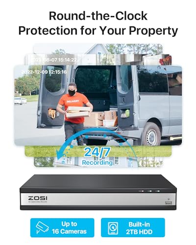 Image of ZOSI 16 Channel Security Camera System 1080p, 2MP H.265+ Hybrid 16CH DVR with AI Human Vehicle Detect, 12 x 1080p CCTV Dome Camera Outdoor, 80ft Night Vision, 90 View Angle, Remote Access, 2TB HDD