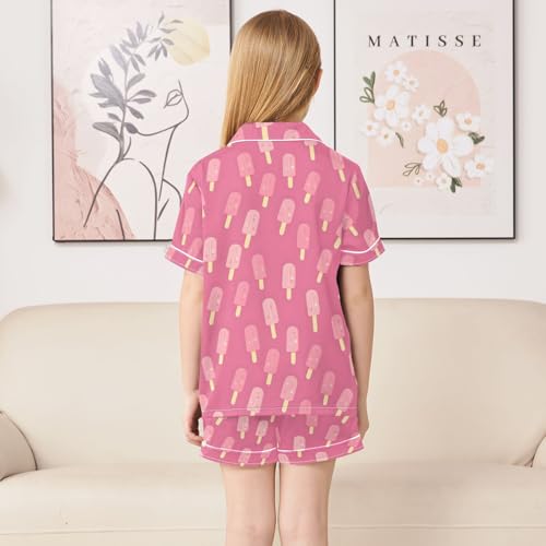 Pink Ice Cream Pajamas Sets Short Sleeve Silk Stain Pjs Button Down Sleepwear for 5-14Y4