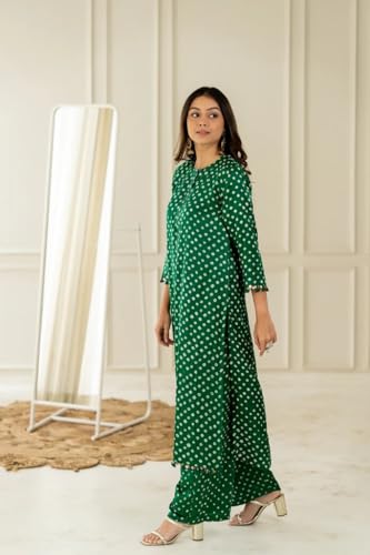 Image of LookMark Women Cotton Blend Bandhej Printed Bandhani Kurta Palazzo Set With Sequence Lace