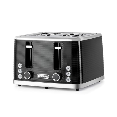 GEEPAS 4 Slice Toaster | 7 Browning Levels Cancel Defrost Reheat Anti Jam Function | For Thin Small Bread Slice Removable Crumb Tray High Lift | Space-Saving Design | 2 Yr Warranty 1600W Linear