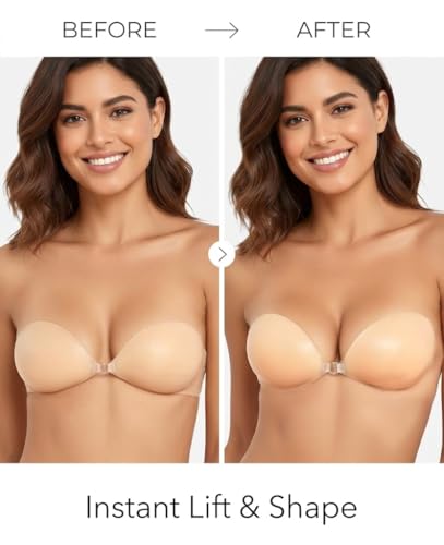 Image of Adhesive Bra Reusable Strapless Self Silicone Push-up Invisible Sticky Bras for Backless & Off Shoulder Dress Beige