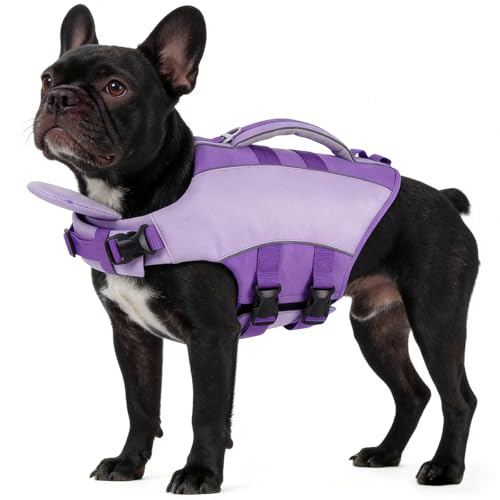 Kuoser Dog Life Jacket, Adjustable Pet Float Coat with Neck Floating Board, Rescue Handle & D-Ring, Reflective Dog Life Vest for Small Medium Large Do