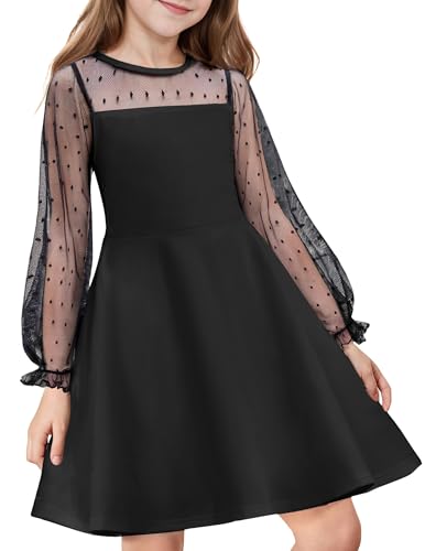Girl's Dress Sheer Mesh Puff Long Sleeve High Waist Party Dresses with Pockets for 6-13 Years