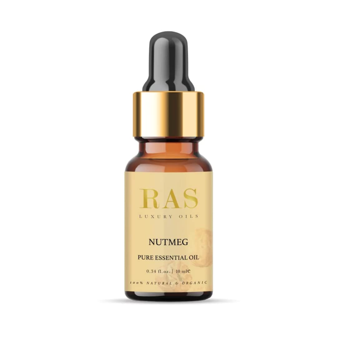 RAS Luxury Oils Nutmeg Pure Essential Oil For Lustrous Hair | Can Be Used Facial Oils, Roll On Scent & Hair Growth | Vegan, Toxin, Paraben & Cruelty Free | Natural & Organic | All Skin Types, 10ml