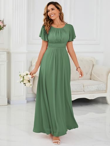 Image of Ever-Pretty Women's Spring Elegant Round Neck Short Sleeve Chiffon Empire Waist Floor Length Formal Dresses Bridesmaid Dress