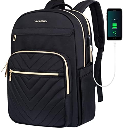 VANKEAN 15.6 Inch Laptop Backpack for Women Men Work Laptop Bag Fashion with USB Port, Waterproof Backpacks Teacher Nurse Stylish Travel Bags Casual Daypacks for School, College, Business, Black