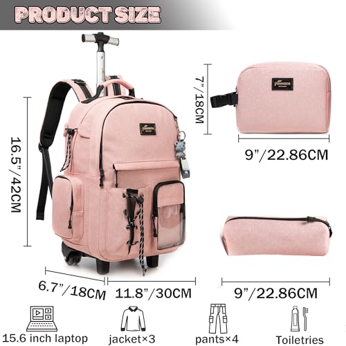 Rolling Backpack for Girls Backpack with Wheels with Lunch Box Set 3 in 1 Wheeled Backpacks for school Backpacks for Teens Girls Pink Schoolbag for Kids Back to School Supplies2