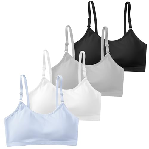 KASTWAVE 4 Pack Sports Bras for Girls - Cotton Training Crop Bras with Fixed Bust Pads & Adjustable Straps, Teenage Girls Underwear Crop Tops for Ages 13-18, Soft Sports Training Bras