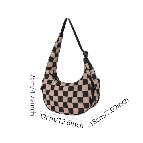 Lushandy Checkered Cescent Bag, Nylon Crescent Shoulder Bag Small Checkered Tote Purse Luna Bag Lightweight Hobo Handbag4