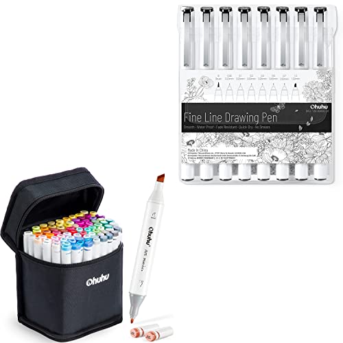 Ohuhu Alcohol Markers, Double Tipped Alcohol Based Permanent Art Marker Set For Kids Adults Fineliners Drawing Pen, Set Of 8 Pack Ultra Fine Line Drawing Markers #TOP9
