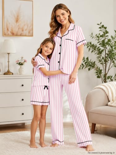 SANGTREE Girls' 100% Cotton Pajamas Set 3pcs Short Sleeve Long Pants with Shorts Sleepwear, Pink Stripe, 9-10 Years = Tag 150 — view 2