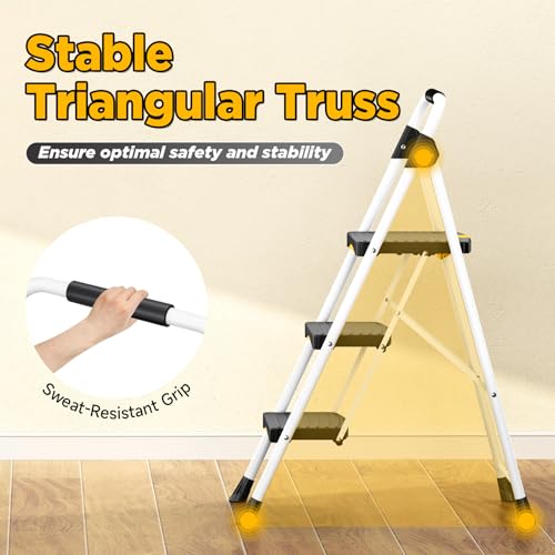 Urackify Escabeau Pliable 3 marches, Charge 150 kg, Verrouillage de sécurité, Pédales Larges, Accoudoirs, Escabeau escamotable léger pour la Maison, Cuisine, Placard et Bureau. – vue 4